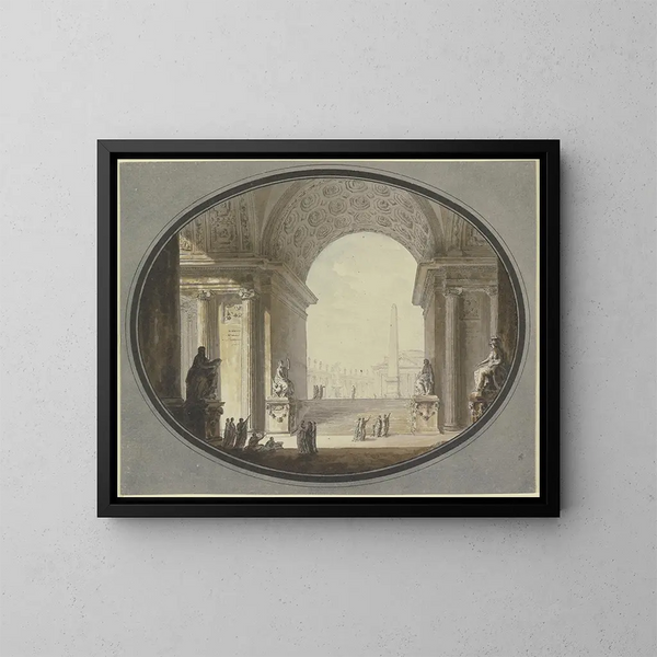 Vue à travers une voûte en berceau à caissons sur une place inspirée de la place Saint-Pierre à Rome, avec au sommet un bâtiment ressemblant au Panthéon romain. - Jacques-François Blondel — ingelijst kunstwerk aan de muur