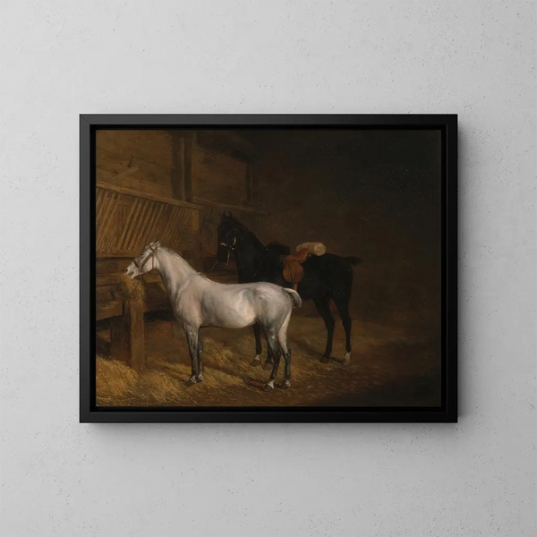 a gray pony and a black horse in a stable - Jacques-Laurent Agasse — framed artwork on a wall