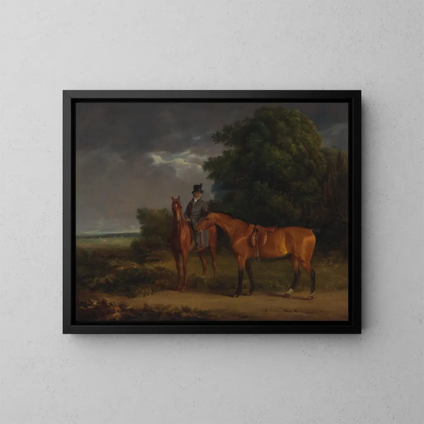 a painting of a bride riding a chestnut hunting horse holding a bay horse by the reins - Jacques-Laurent Agasse — framed artwork on a wall