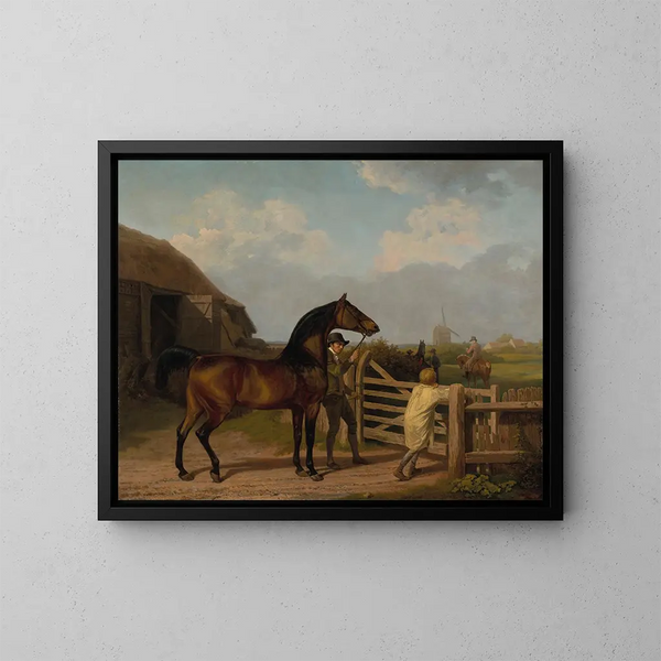 a painting of a stallion led through a door towards a mare - Jacques-Laurent Agasse — framed artwork on a wall