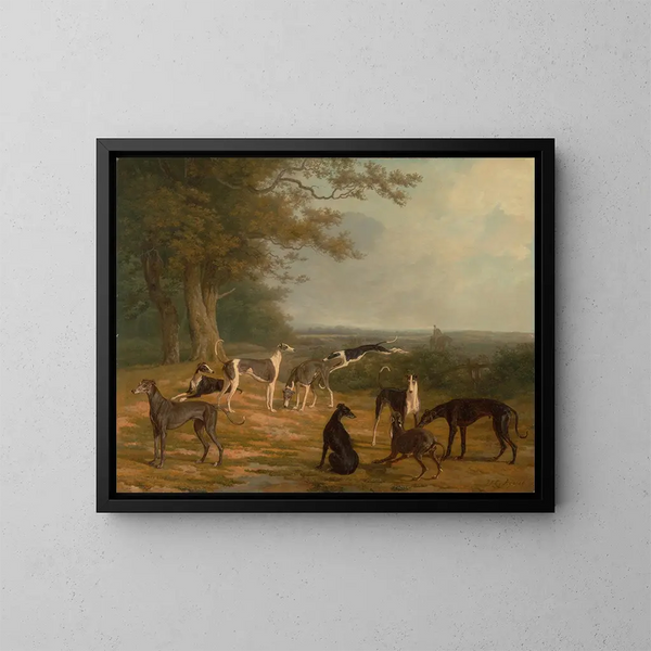 Neuf lévriers dans un paysage - Jacques-Laurent Agasse — framed artwork on a wall