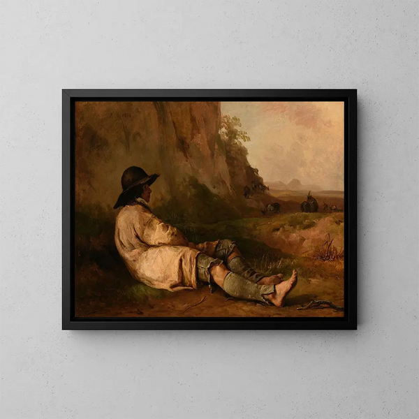 Berger se reposant près d'un rocher - Jacques-Raymond Brascassat — framed artwork on a wall