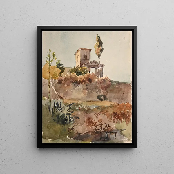 Tuin en kerk met antieke portiek - Jacques-Raymond Brascassat — ingelijst kunstwerk aan de muur