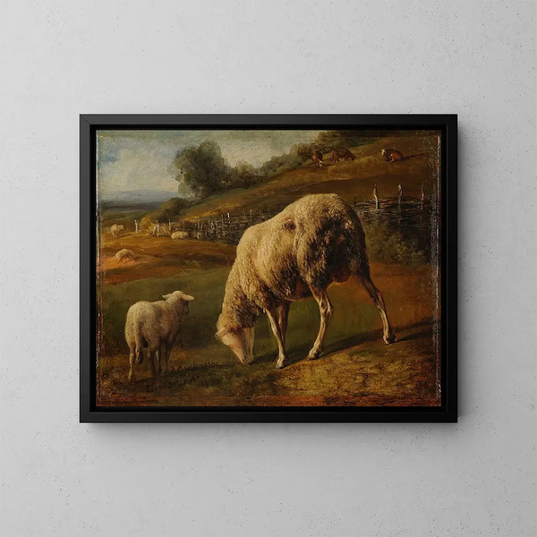 Sheep and ewes grazing - Jacques-Raymond Brascassat — framed artwork on a wall