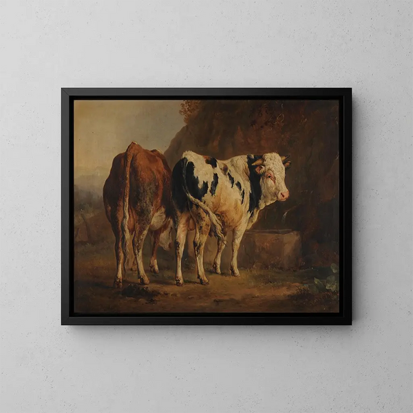Bull with white and black coat and cow with brown coat - Jacques-Raymond Brascassat — framed artwork on a wall