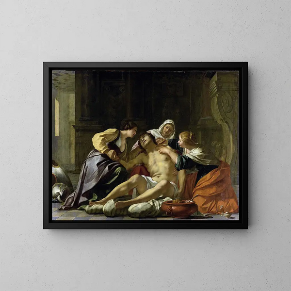 Saint Sebastian cared for by Irene and her assistants - Jacques Blanchard — framed artwork on a wall