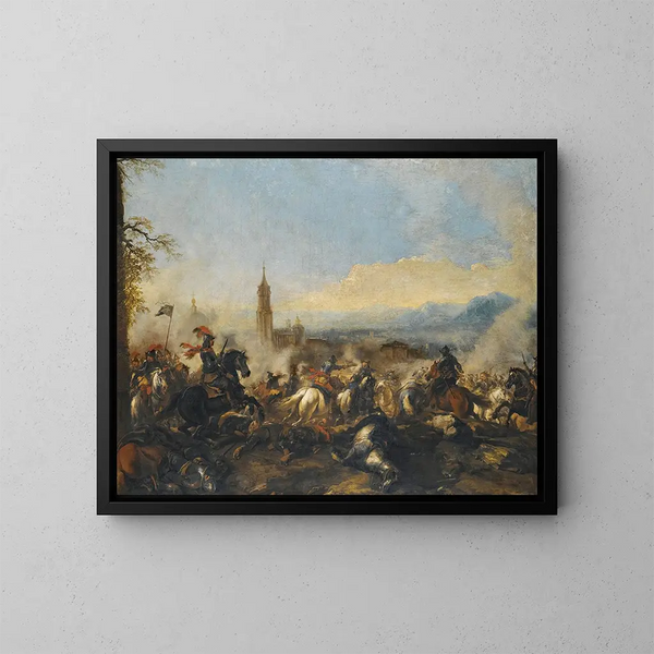 "Un engagement de cavalerie Une cathédrale au loin" by Jacques Courtois — framed artwork on a wall