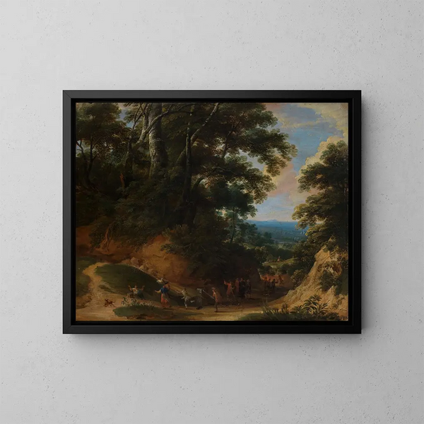 Pathway with soldiers attacking peasants - Jacques d'Arthois — framed artwork on a wall