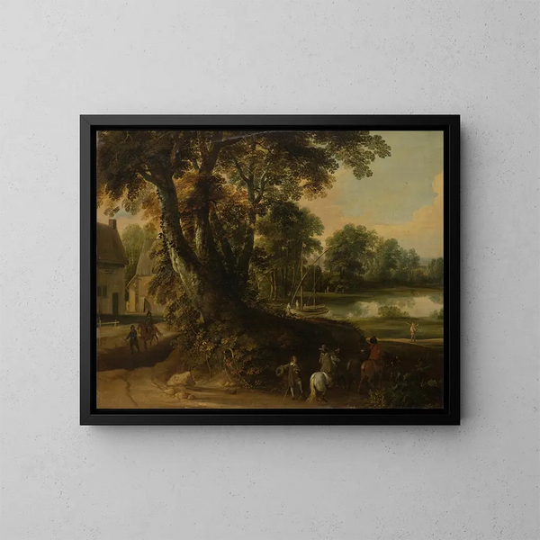 Landscape painting with a group of trees by a lake, three riders on the road in the foreground - Jacques d'Arthois — framed artwork on a wall