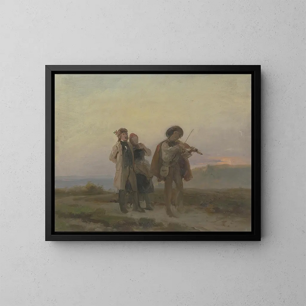 Promenade du soir, violoniste et couple de paysans dans les champs - Jakob Becker — framed artwork on a wall