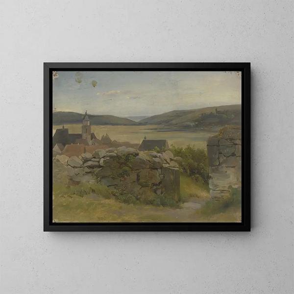 Small village painting with view of the meadow - Jakob Becker — framed artwork on a wall