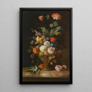 Jakob Bogdny - A Still Life Of Roses And Other Flowers In A Metal Vase On A Marble Ledge.webp