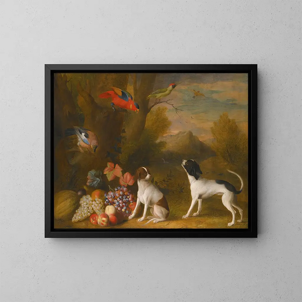 Landscape with Exotic Birds and Two Dogs - Jakob Bogdány — framed artwork on a wall