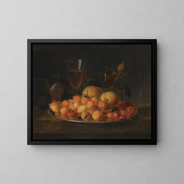 Still life with strawberries, cherries, and peaches on a silver platter - Jakob Bogdány — framed artwork on a wall