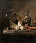 Natuurschilderij met fruit, een wijnfles in een mand en een grote Romein - Jakob Bogdány — weergave van het kunstwerk