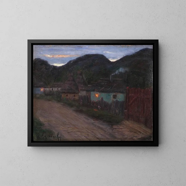 Rue de village nocturne - Jakob Koganowsky — framed artwork on a wall