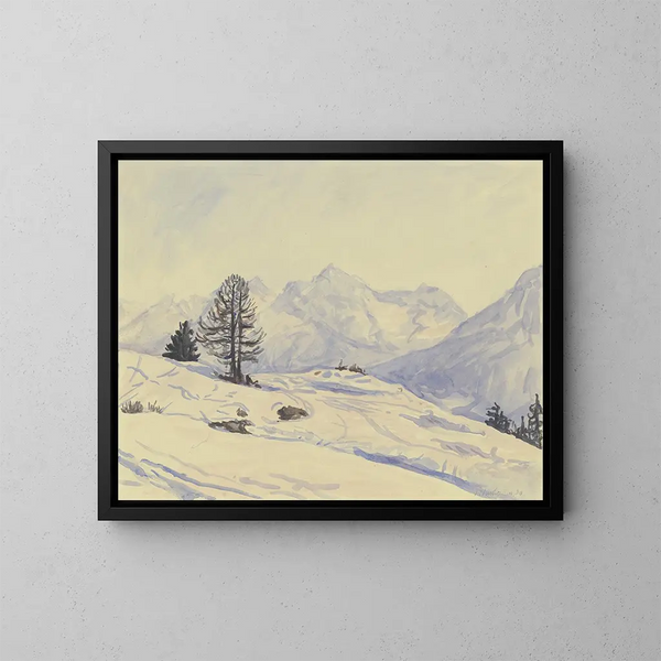 Winter Landscape Painting in Lower Engadine - Jakob Nussbaum — framed artwork on a wall