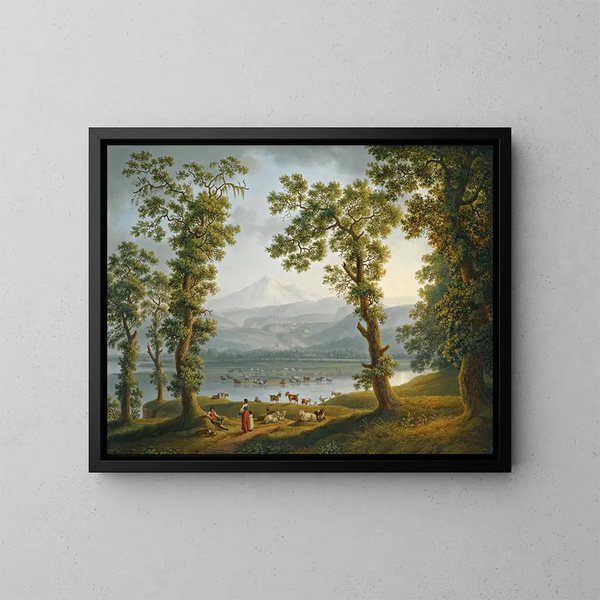 View through the Volturno River towards Alife, Piedimonte Matese, and the mountains of Matese rising beyond - Jakob Philipp Hackert — framed artwork on a wall