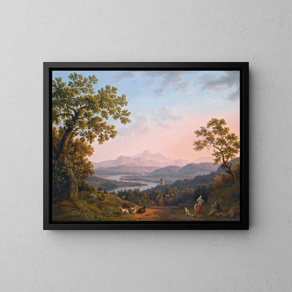 a painting titled "A view along the valley of the Tiber River towards Poggio Mirteto and beyond the illuminated Sabine Mountains by the evening sun" by Jakob Philipp Hackert — framed artwork on a wall