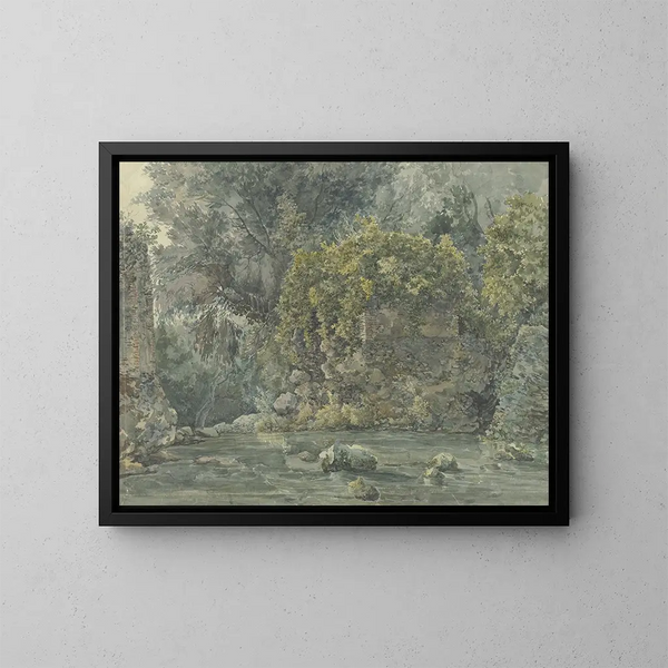 Landscape wooded with ruin by a stream - Jakob Philipp Hackert — framed artwork on a wall
