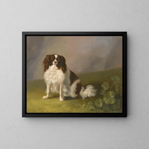 Portrait of a King Charles Spaniel in a landscape - Jakob Philipp Hackert — framed artwork on a wall