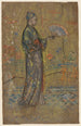 Vrouwelijke Japanse die een waaier schildert - James Abbott McNeill Whistler — weergave van het kunstwerk