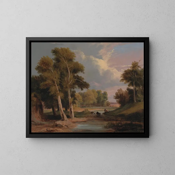 a wooded riverside landscape with fishermen - James Arthur O'Connor — framed artwork on a wall