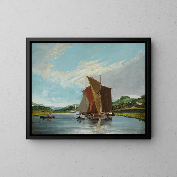 Barges on a River - James Baker Pyne — framed artwork on a wall