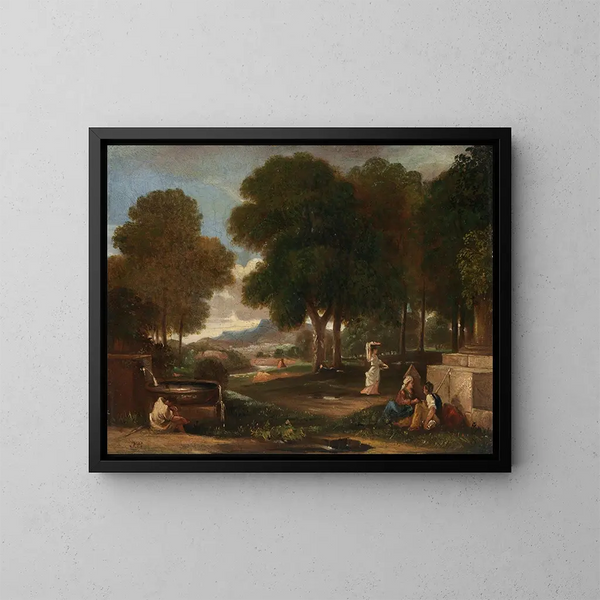 Landscape painting with a man washing his feet at a fountain - James Barry — framed artwork on a wall