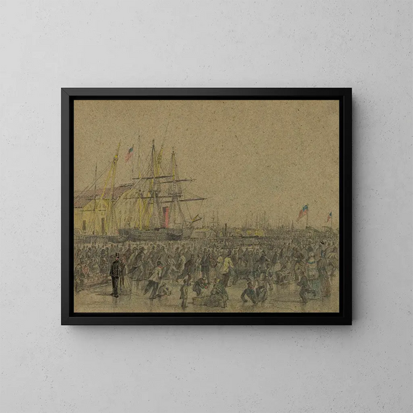 Scene on the Delaware River in Philadelphia during the harsh winter of 1856 - James Fuller Queen — framed artwork on a wall