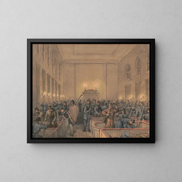 Croquis painting with the Co B 8th Regiment Pa Ma under the officers of the old guard of Southwark at Chambersburg - James Fuller Queen — framed artwork on a wall