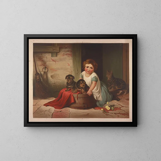 Kleine meisje leunend tegen een omgekeerde kuip - James Fuller Queen — ingelijst kunstwerk aan de muur