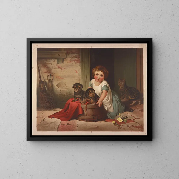 Petite fille appuyée contre une cuve renversée - James Fuller Queen — framed artwork on a wall