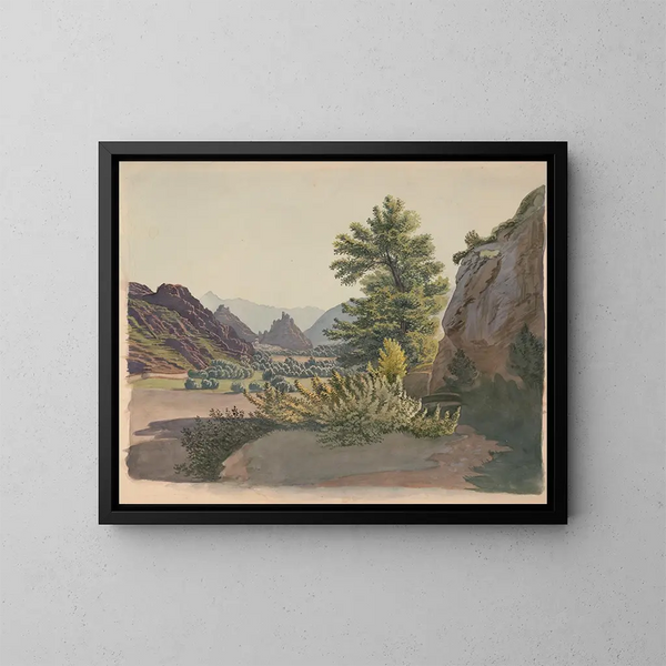 Scene of the West with buttes and possibly a pueblo community in the distance seen from a ravine with a cottonwood. - James Fuller Queen — framed artwork on a wall