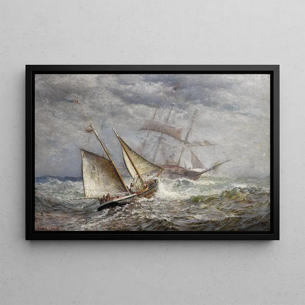 Schepen die elkaar op zee ontmoeten - James Gale Tyler — ingelijst kunstwerk aan de muur