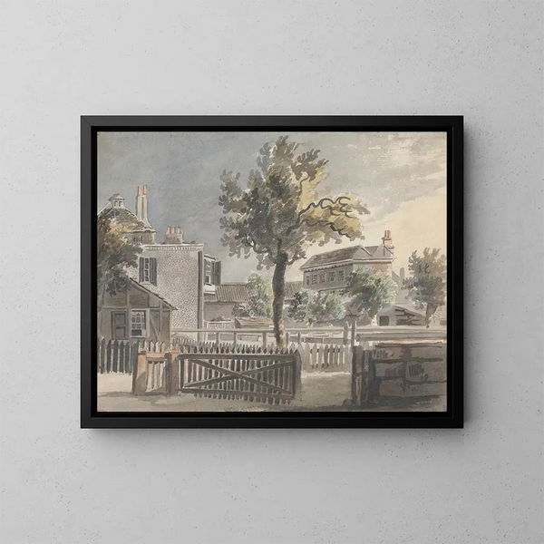 Tree in the middle of the houses - James Miller — framed artwork on a wall