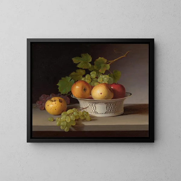 Still life with fruits and Chinese export basket - James Peale — framed artwork on a wall