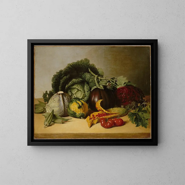 Still life with balsamic apples and vegetables - James Peale — framed artwork on a wall