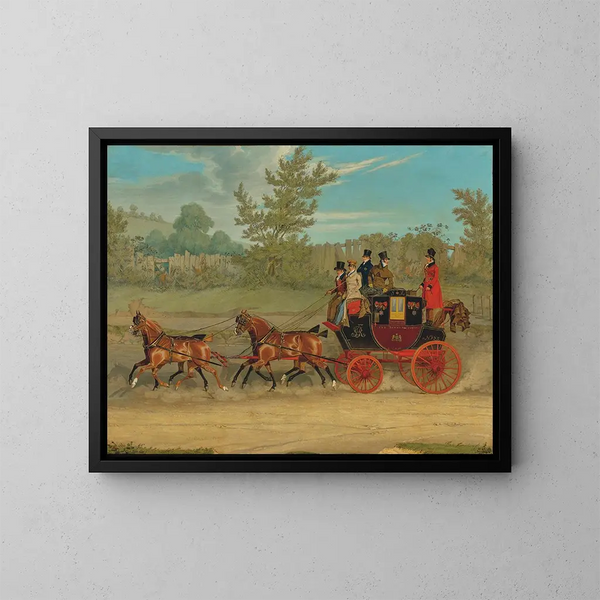 The Royal Mail Coach London-Edinburgh at Full Speed on a Summer Day - James Pollard — framed artwork on a wall