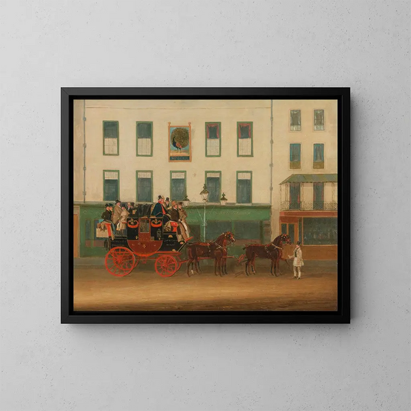 The London Carriage in Manchester, the Peveril of the Peak, in front of the Peacock Inn in Islington - James Pollard — framed artwork on a wall