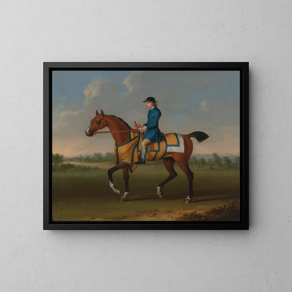 a chestnut racehorse with a jockey in the saddle - James Seymour — framed artwork on a wall