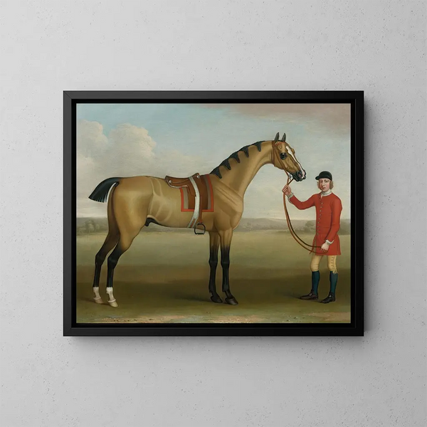 Cato, a chestnut racehorse with a groom in a landscape - James Seymour — framed artwork on a wall