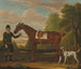 Lord Portmore en een kastanjebruine jachthond met een zadel, vastgehouden door een groom, met een spaniel in een landschap - James Seymour — weergave van het kunstwerk