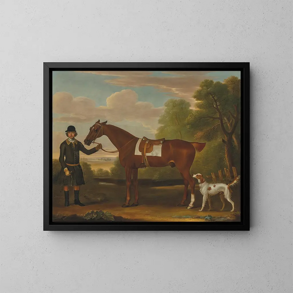 Lord Portmore and a chestnut hunting horse harnessed held by a groom with a spaniel in a landscape - James Seymour — framed artwork on a wall