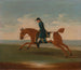 Een van de vier paardenportretten: een vosruin springpaard getraind door een trainer in een blauwe jas in galop - James Seymour — weergave van het kunstwerk