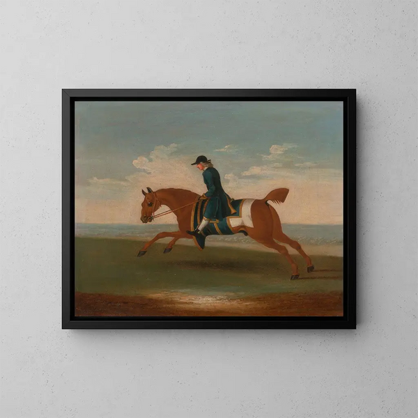 One of the four horse portraits: a chestnut thoroughbred exercised by a trainer in a blue coat at a gallop - James Seymour — framed artwork on a wall