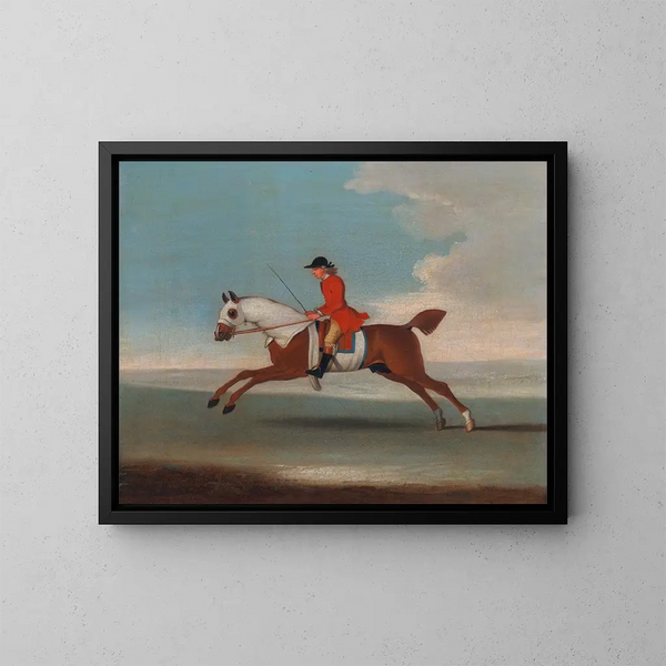 One of the four horse portraits: a chestnut racehorse exercised by a trainer in a red coat galloping - James Seymour — framed artwork on a wall
