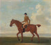 Een van de vier paardenportretten, een voskleurig renpaard met jockey die naar links loopt - James Seymour — weergave van het kunstwerk
