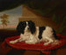 Een King Charles spaniel op een rood kussen - James Ward — weergave van het kunstwerk