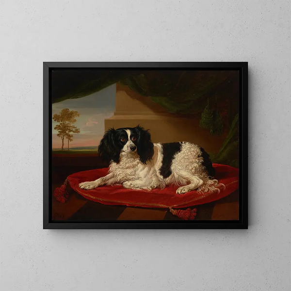 Een King Charles spaniel op een rood kussen - James Ward — ingelijst kunstwerk aan de muur